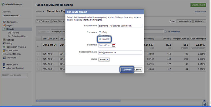 Facebook oglašavanje - slanje izvještaja na e-mail Facebook oglašavanje - slanje izvještaja na e-mail