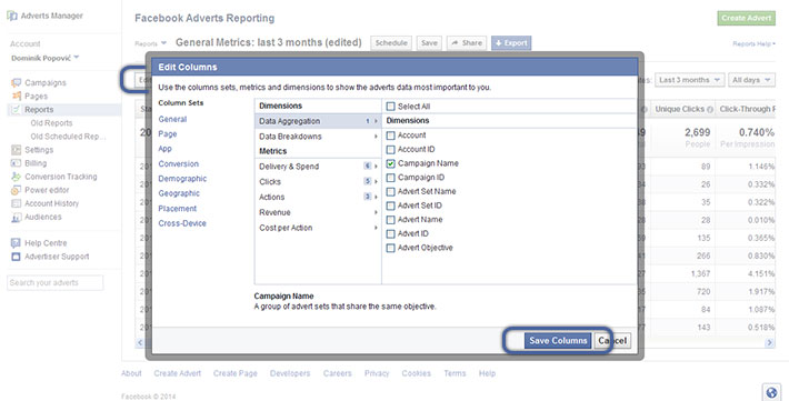 Facebook oglašavanje - spremi kolone Facebook oglašavanje - spremi kolone