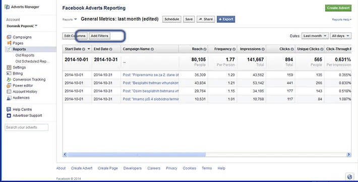Facebook oglašavanje - filtri datuma