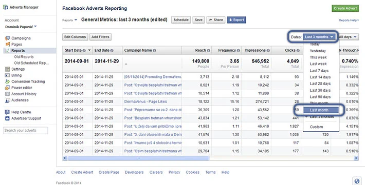 Facebook oglašavanje - filtri datuma