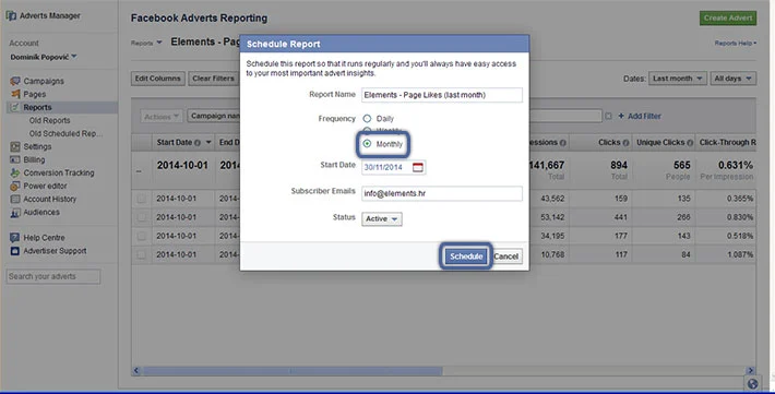 Facebook oglašavanje - slanje izvještaja na e-mail
