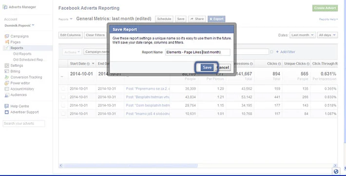 Facebook oglašavanje - spremi izvještaj