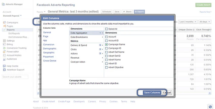 Facebook oglašavanje - spremi kolone